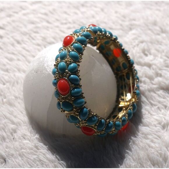 J.Crew Faux Gold Turquoise Coral Stretch Bracelet - Picture 4 of 6